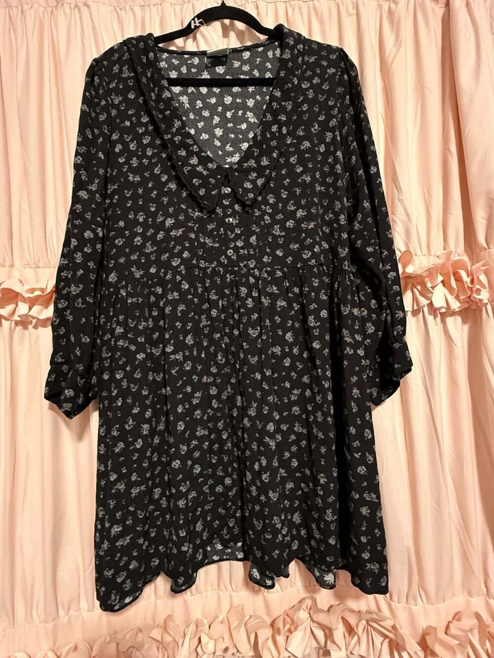 Sunday Best Black Floral Ditsy Print Babydoll Mini Dress with Peter Pan Collar
